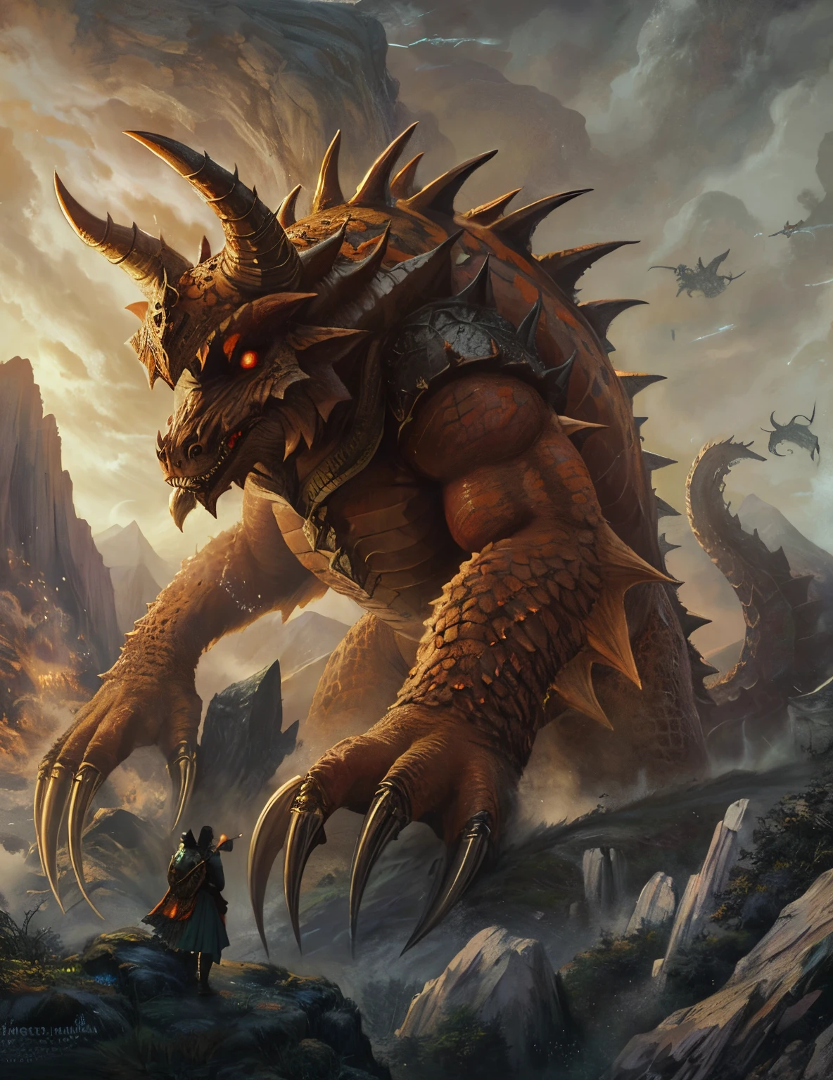 uma pintura de um monstro com garras grandes e afiadas, monstro de fantasia hiper realista, one a demon - like creature, one a demon-like creature, Hiper-realista D & d fantasy art, Criaturas de fantasia gigantes, uma criatura antiga, como um d & D Monstro, d&D Monstro, d & D Monstro, monstro da fantasia, giant kaiju dragon monster