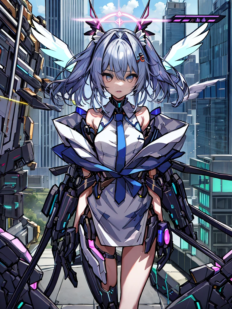 top-quality、ighly detailed、​masterpiece、ultra-detailliert、illustratio、((1girl in))、silber hair、length hair、Floating hair、、Cyber City、Neon building、(The upper part of the body:1.05)、extremely_Detailed_Eyes_And_Face,cybernetic wings mechanical wings、Random posture、Skyscraper、、Mechumusume、shrine maiden clothe,maid clothes、Random angles、anime styled,cowboy  shot