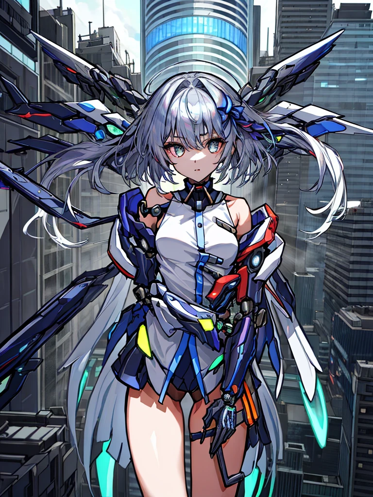 top-quality、ighly detailed、​masterpiece、ultra-detailliert、illustratio、((1girl in))、silber hair、length hair、Floating hair、、Cyber City、Neon building、(The upper part of the body:1.05)、extremely_Detailed_Eyes_And_Face,cybernetic wings mechanical wings、Random posture、Skyscraper、、Mechumusume、shrine maiden clothe,maid clothes、Random angles、anime styled,cowboy  shot