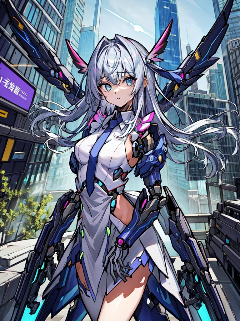 top-quality、ighly detailed、​masterpiece、ultra-detailliert、illustratio、((1girl in))、silber hair、length hair、Floating hair、、Cyber City、Neon building、(The upper part of the body:1.05)、extremely_Detailed_Eyes_And_Face,cybernetic wings mechanical wings、Random posture、Skyscraper、、Mechumusume、shrine maiden clothe,maid clothes、Random angles、anime styled,cowboy  shot