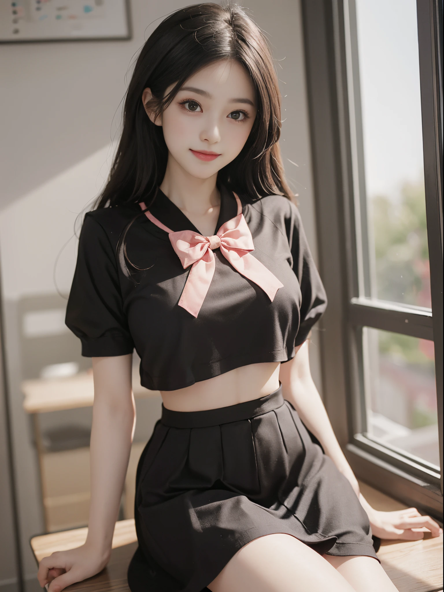 pink bow, shirt,skirt,sailor collar,midriff, A beautyful girl, a young female model,  randome pose, posing elegantly, visually appealing, tmasterpiece, (Best quality at best, 4K, 8K, A high resolution, tmasterpiece:1.2), ultra - detailed, Ultra-fine painting, delicated face, long slim figure, Smiling, Hefty Smile, in class room, sitting on the classroom desk, Random shooting angle