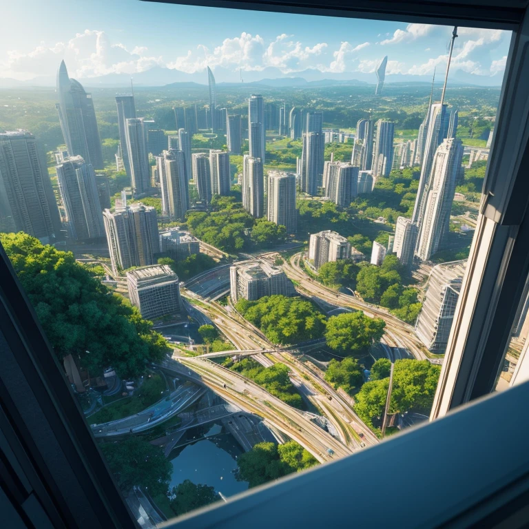 (masterpiece), best quality. view of a balcony of a beautiful utopian urban scenery of a futuristic city with round white buildings with large windows, with architecture in solarpunk style, white winding streets of suspended concrete passing between an immense green and whimsical forest. blue sky, flying transports, horizon. greencity. natural light, cinematics, global lighting. intricate, insanely detailed, ultra realistic, vray tracing, octane rendering, hdr, 32k
