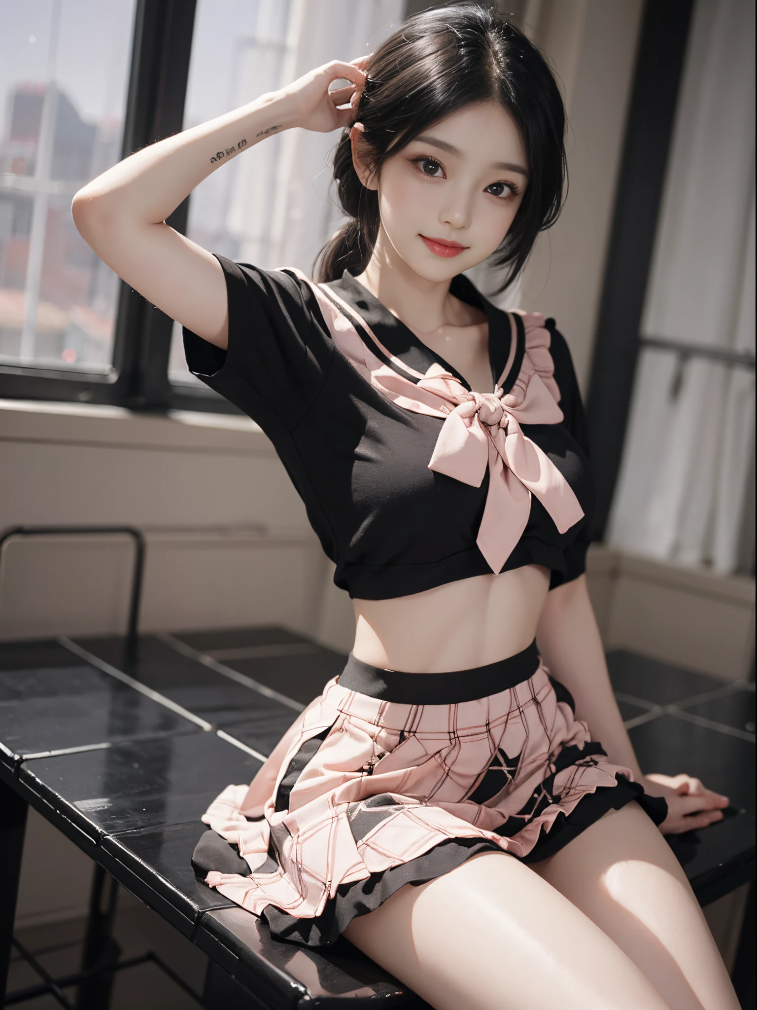 pink bow, shirt,skirt,sailor collar,midriff, A beautyful girl, a young female model,  randome pose, posing elegantly, visually appealing, tmasterpiece, (Best quality at best, 4K, 8K, A high resolution, tmasterpiece:1.2), ultra - detailed, Ultra-fine painting, delicated face, long slim figure, Smiling, Hefty Smile, in class room, sitting on the classroom desk, Random shooting angle