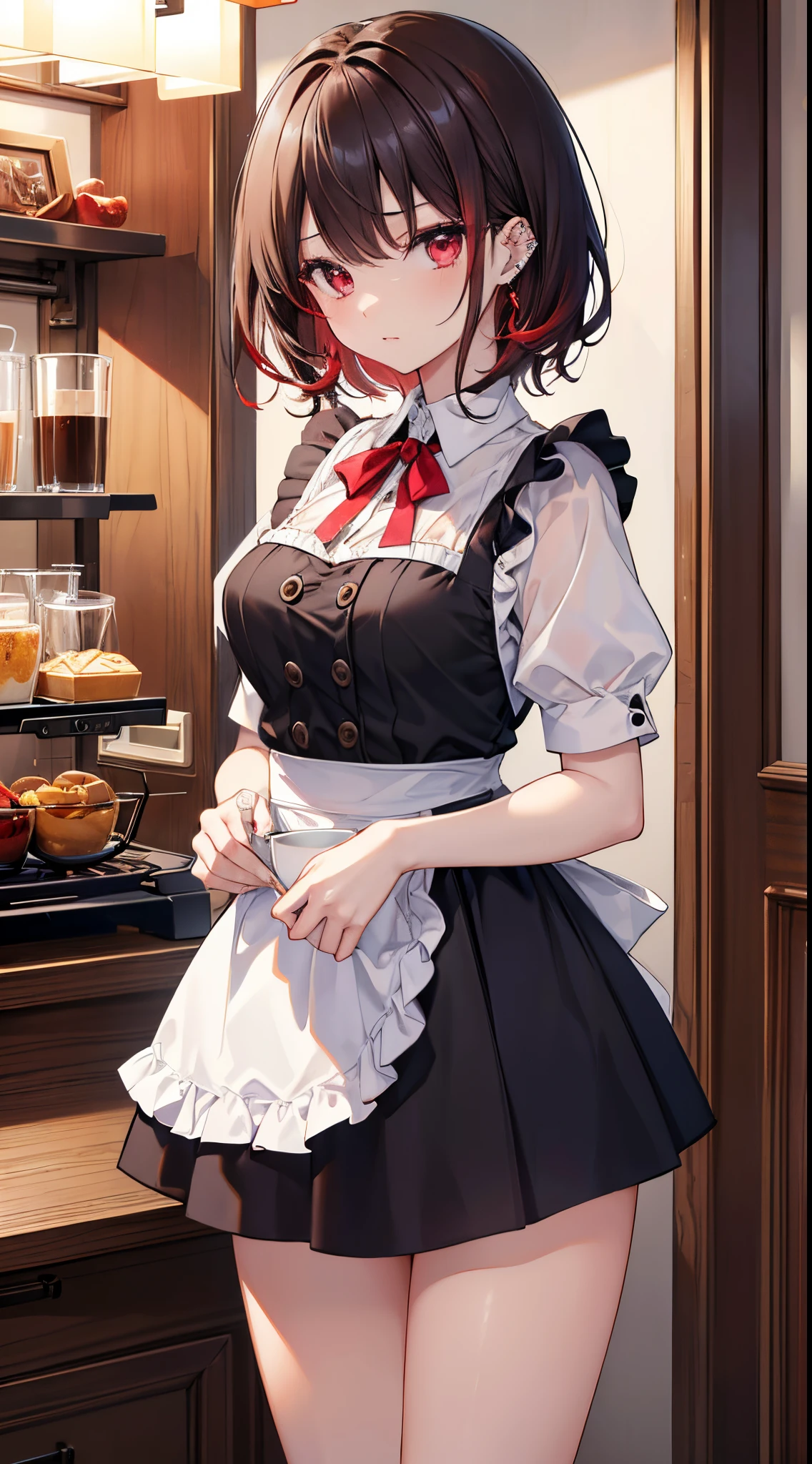 (8K、Top image quality、top-quality、​masterpiece)、1 girl in、((A dark-haired))、short-hair、waved hair、red inner hair、red eyes、piercings、deadpan、Moderately breasts、black maid、shortsleeves、a miniskirt、cowboy  shot、Coffee shop background