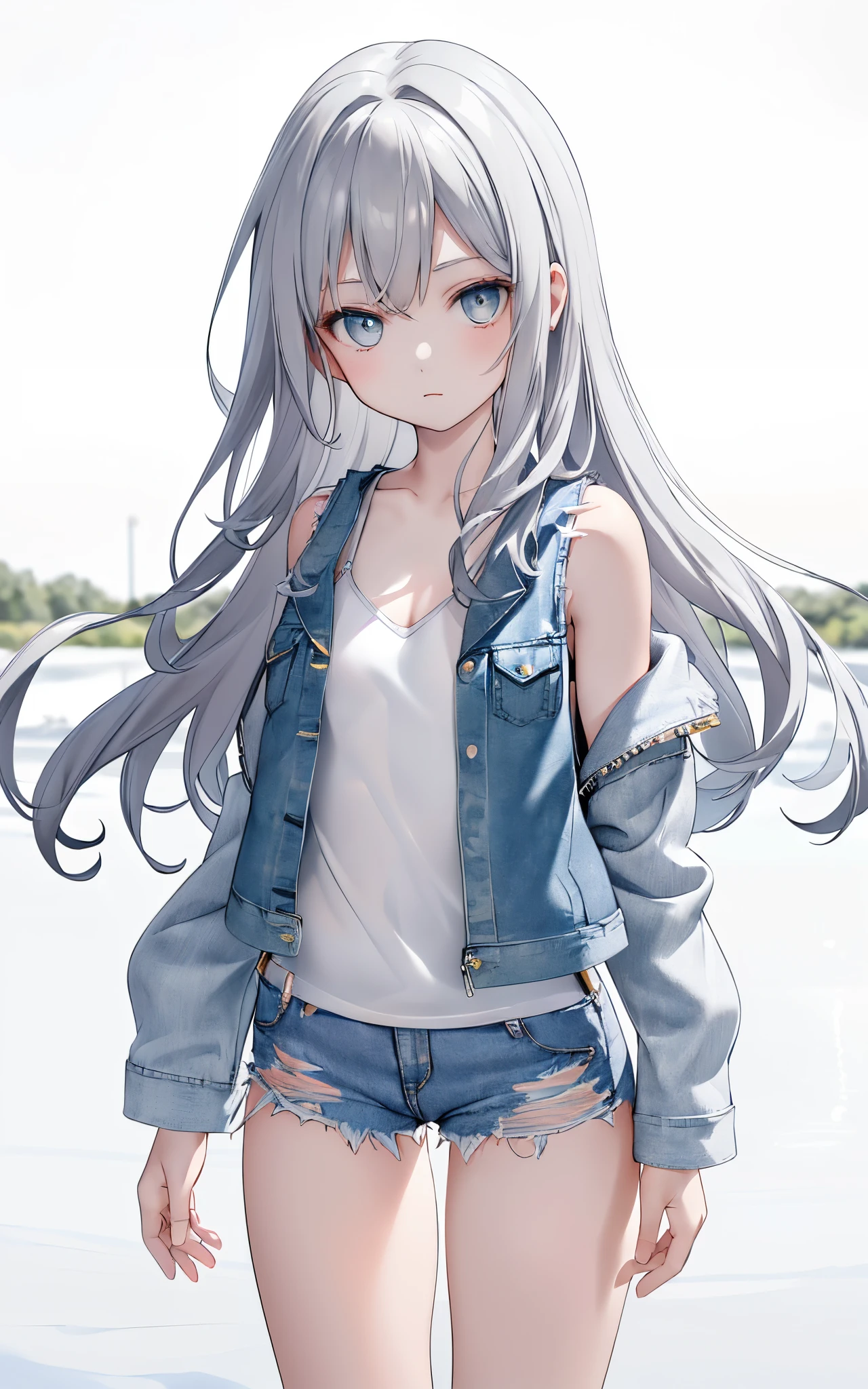 (8K, Best quality, tmasterpiece:1.2),\(Eyes detailed\),\(facial feature\),(\(Clothes detail details\)\),(1 Sister:1.2),Alone,Full body lesbian,ar old,inny hair:1.1),With gray eyes,wavy and long hair,(Long hair and shoulder length:1.15),numbness,face expressionless,be desperate,(Clear white camisole vest:1.2),（river delta：1.3）,(jean jacket:1.3),small,Heavy monochrome,(depth of fields:1.4),