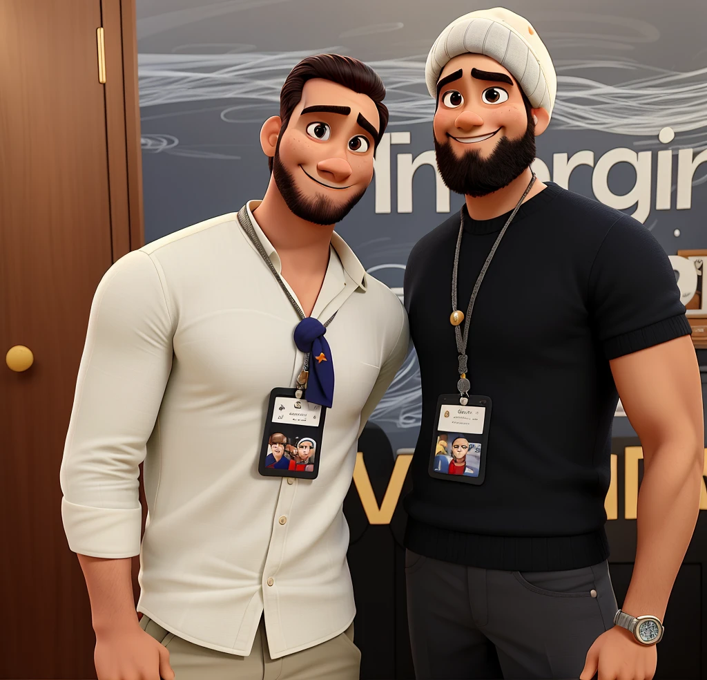 dois homens estilo pixar, alta qualidade. Both are strong and smile. O do lado esquerdo tem cor de pele mais clara, and the one on the right wears a beret and is darker