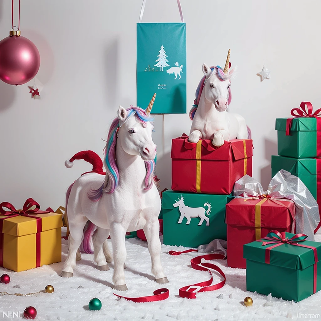 Minimalist unicorns in a colorful scene with Christmas decorations