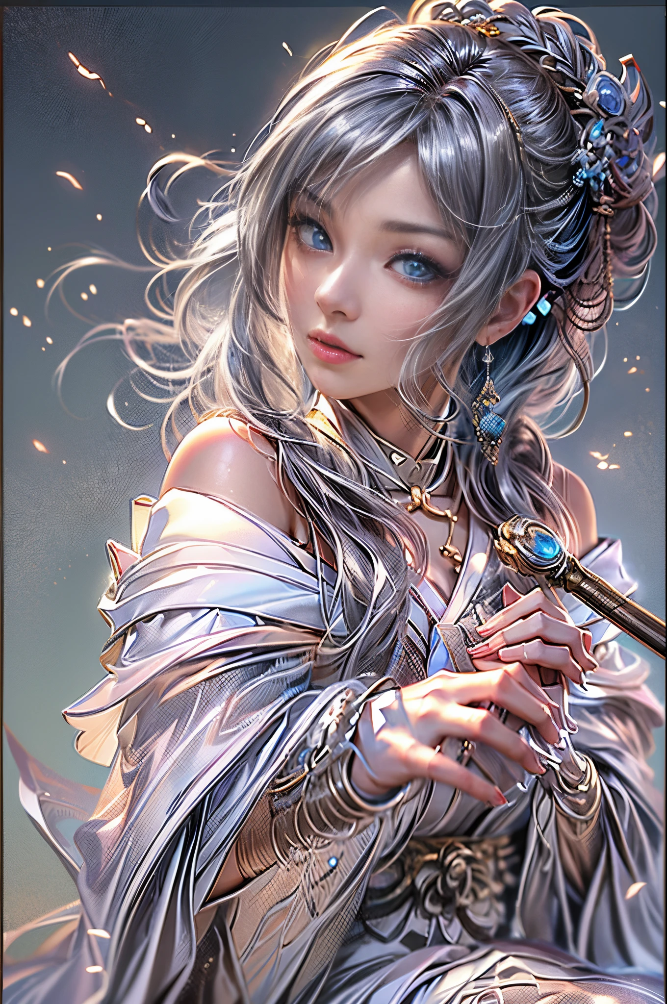 (Photoreal Stick:1.4, masutepiece:1..3, 8K), top-quality, masterpiece, 超A high resolution, Perfect dynamic composition, Professional camera work, Grow Light Effect, Mystical portrait, Cinematic Light, Highly detailed skin and facial texture:1.3, The ultra-detailliert, A detailed eye, (Ring of Fire, water wave, The wind blows, holding an cane), (myterious:1.3, Fanciful:1.2, tradition:1.2, majestueux:1.2), 1girl in, 25-years old, cute and sexy slim goddess, Fair skin, (Enraptured look:0.9, Totally captivates you:1.0), (silver japanese kimono:1.3 off shoulder), (voluptuous breasts:0.9), (Backshots, Calm pose), (Beautiful blue eyes, Eyes that feel beautiful eros:0.85), Sexy face:0.4, (A mouthfeel that feels beautiful eros:0.85), ((Too cute beauty:0.9)), Fantastic background