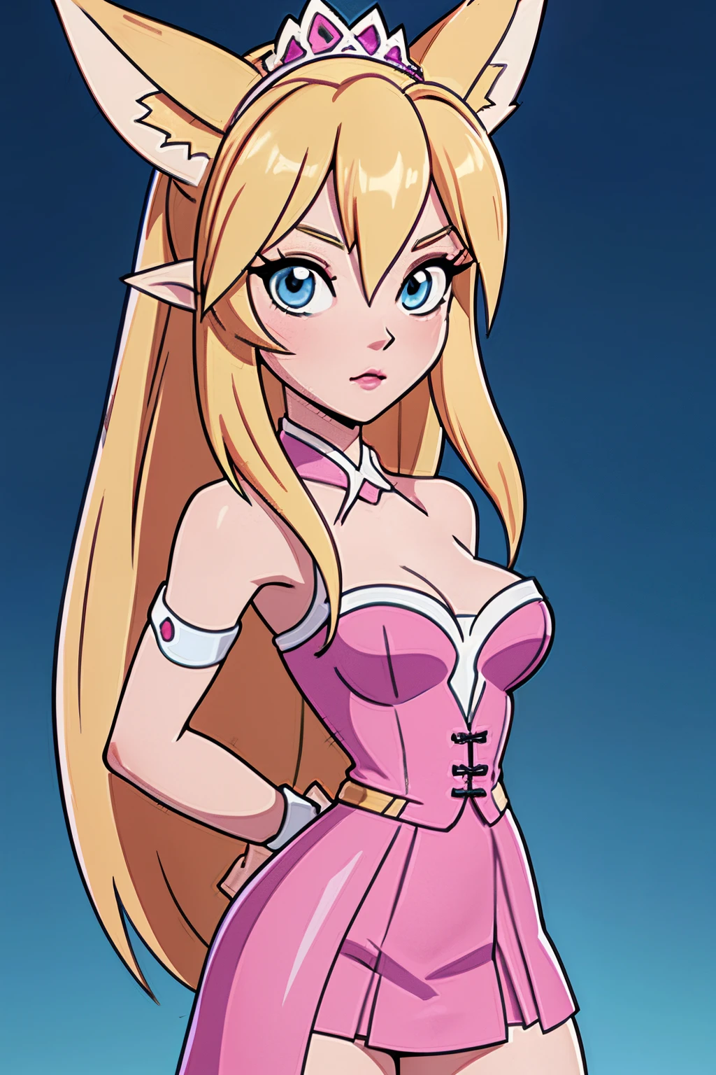 Beautiful 1girl, full body, ager, solo, (very long waist length blonde hair, straight blonde hair: 1.28), ((light blue eyes)), clear skin, (large darker fox ears: 1.35), pale skin, medium breasts, cleavage, (thin hips, thin waist , athletic body: 1.25), background, looking away, (wearing pink corset, pink skirt, tiara: 1.1), looking at viewer, on castle rooftop, masterpiece, best quality,3d rending work ,3DMM style, close-up, portrait, 3D,