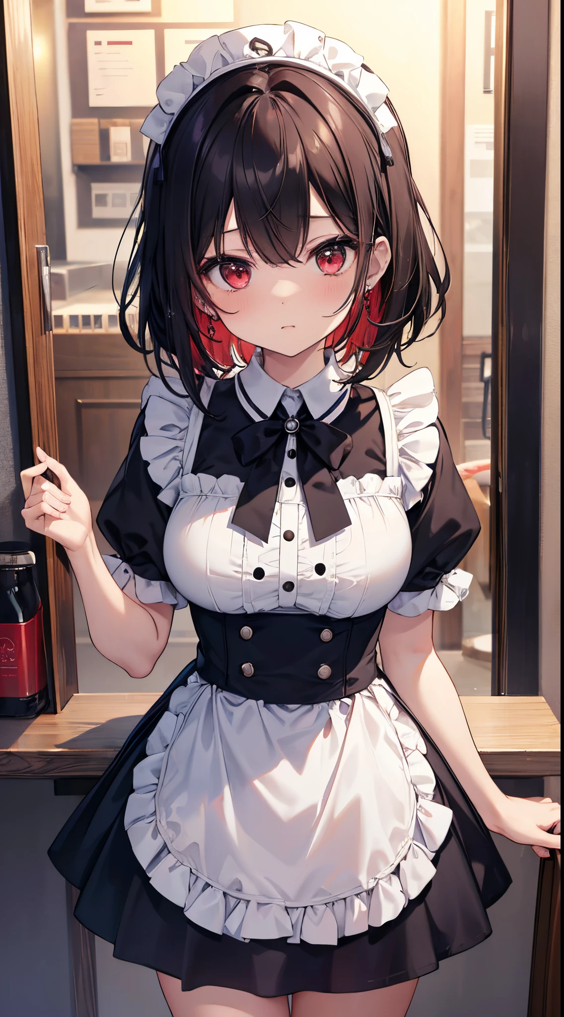 (8K、Top image quality、top-quality、​masterpiece)、1 girl in、((A dark-haired))、short-hair、waved hair、red inner hair、red eyes、piercings、deadpan、Moderately breasts、black maid、shortsleeves、long skirt、cowboy  shot、Coffee shop background