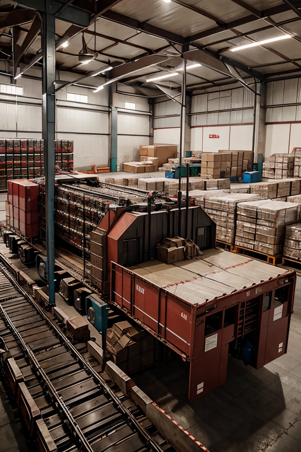 large warehouse with factory of christmas gifts being transported by industrial conveyor with chains and gears by santa claus