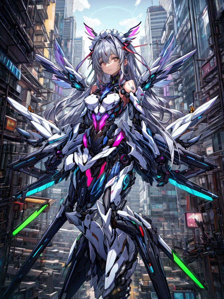 top-quality、ighly detailed、​masterpiece、((1girl in))、silber hair、length hair、Floating hair、、Cyber City、Neon building、(The upper part of the body:1.05)、extremely_Detailed_Eyes_And_Face,cybernetic wings mechanical wings、Random posture、Skyscraper、、Mechumusume、shrine maiden clothe,maid clothes、Random angles、anime styled,cowboy  shot