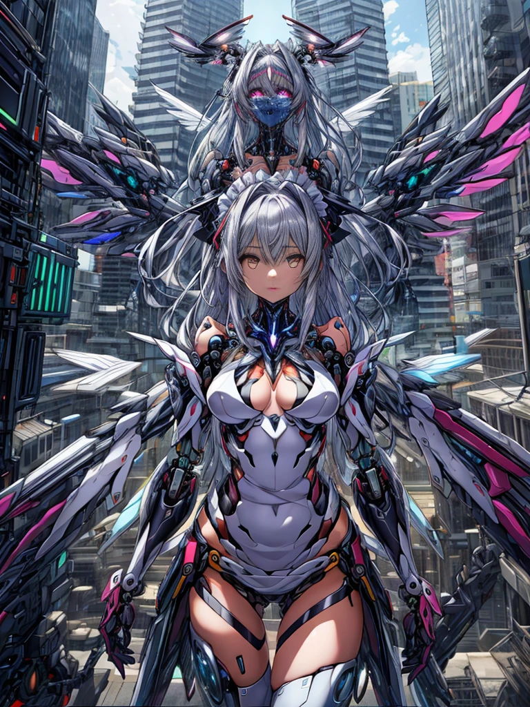top-quality、ighly detailed、masterpiece、((1girl in))、silber hair、length hair、Floating hair、、Cyber City、Neon building、(The upper part of the body:1.05)、extremely_Detailed_Eyes_And_Face,cybernetic wings mechanical wings、Random posture、Skyscraper、、Mechumusume、shrine maiden clothe,maid clothes、Random angles、anime styled,cowboy shot