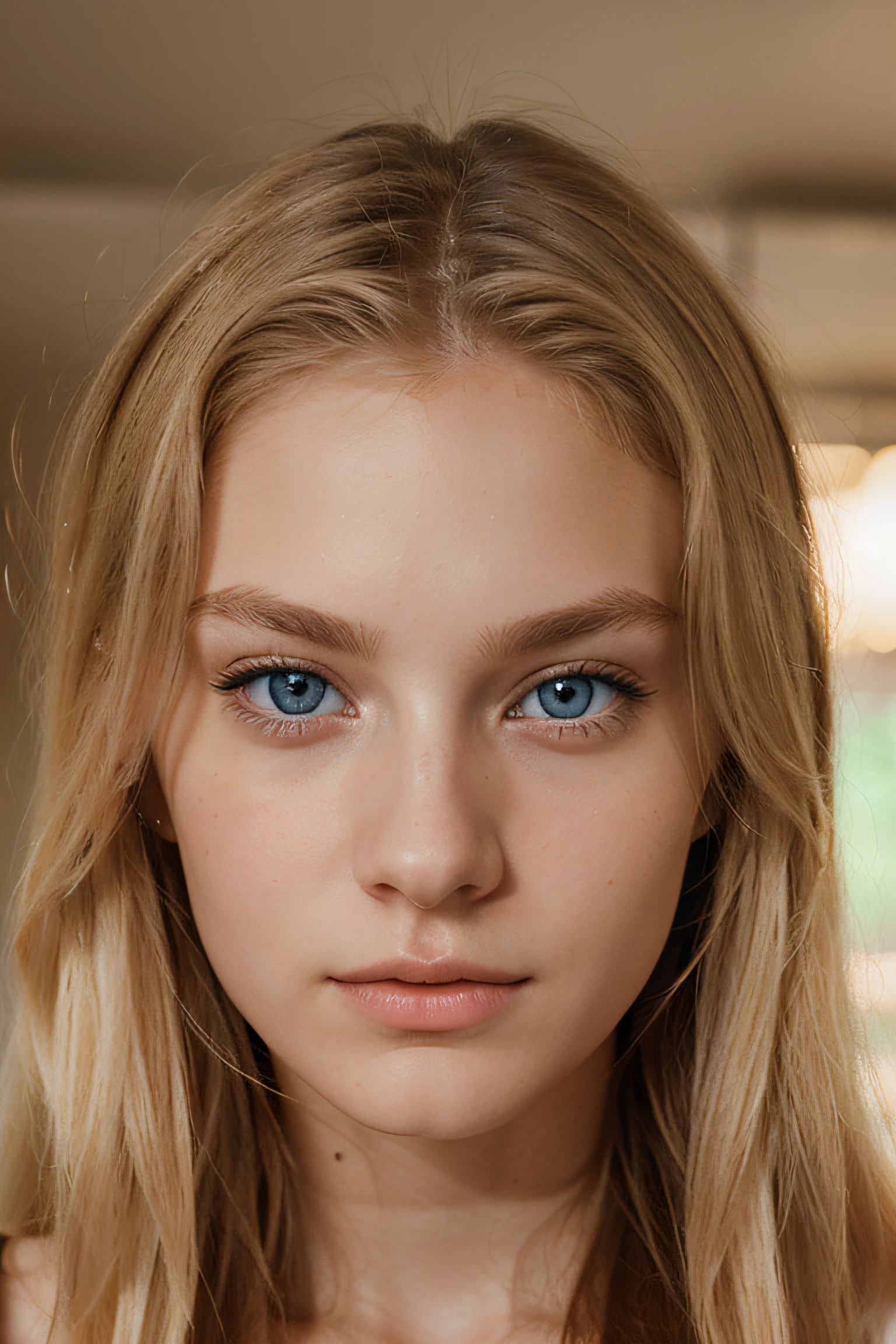 photorealistic profile photo of a beautiful and sexy woman, 19 years old, swedish, blond pale long hair, pale skin, blue eyes, looks directly at camera, makes an eye contact.