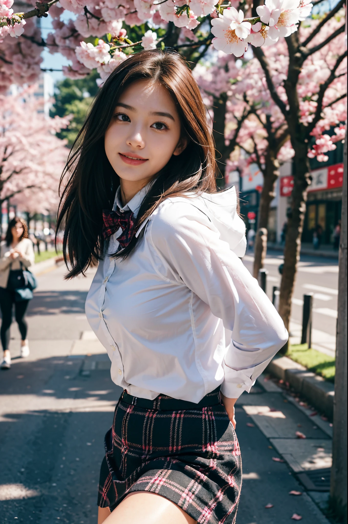 best qualtiy，tmasterpiece，超高分辨率，（真实感：1.4），RAW photogr，1girll，long whitr ha Highlighting，Pure，Girly，Flushing，18yr old，18-year-old smiling female classmate，Pure，Innocent，（best qualtiy，8K，tmasterpiece:1.3），Goose egg face，largeeyes，long eyelasher，Exquisiive-action realistic style），Star-like eyes，Ultimate face，Photorealistic light and shadow，Clear facial featureilky white skin，Fair skin， highdetailskin， Realistic skin details， Visible Pore，（Super detail），（perfect bodies：1.1），long whitr hair，（dynamicposes），((Dynamic background((volumettic light：1.3))，huge tit，Cherry blossom avenue，Plaid skirts，Cover buttocks，Plaid bow tie，white  shirt，liberta，Dashing，long leges，Shunguang，Street photography