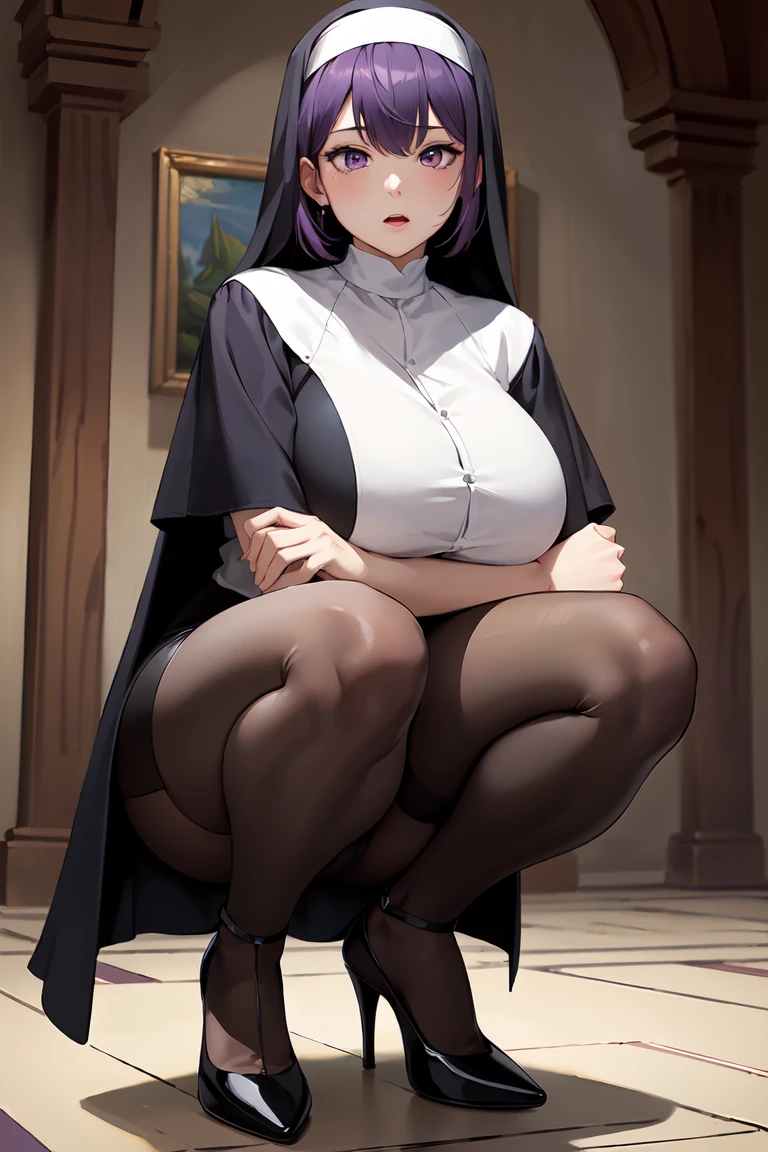 (Best quality,Unbeatable masterpiece:1.4),Ultra-detailed CG 4K,Purple colored hair,nun headdress,比基尼,high-heels,humongous large breast,rendering,humongous large breast,squatting on the ground,Most of them