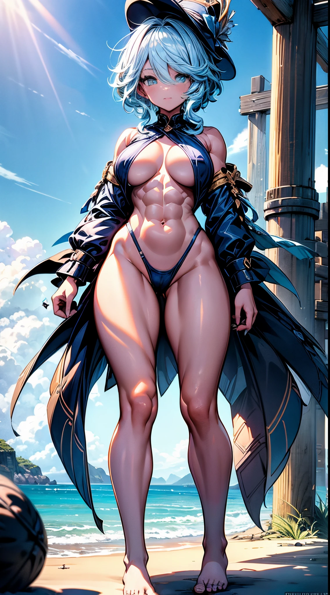 Furina from Genshin Impact), 1 girl, standing (on the beach), blue painted nails, {{{thong bikini}}}, (((muscular legs))), (((showing her big ass to me))), muscular belly, standing, bare foot, (full body photo), (short hair), medium breasts, eye reflection, elongated eyes, elongated eyes, bad mood, anime, anime style, Cinematic lighting , shine, JPEG artifacts, bright light, divine rays, ray tracing, panorama, canon, UHD, master piece, textured skin, Super Detail, High details, best quality, very high resolution, 16k