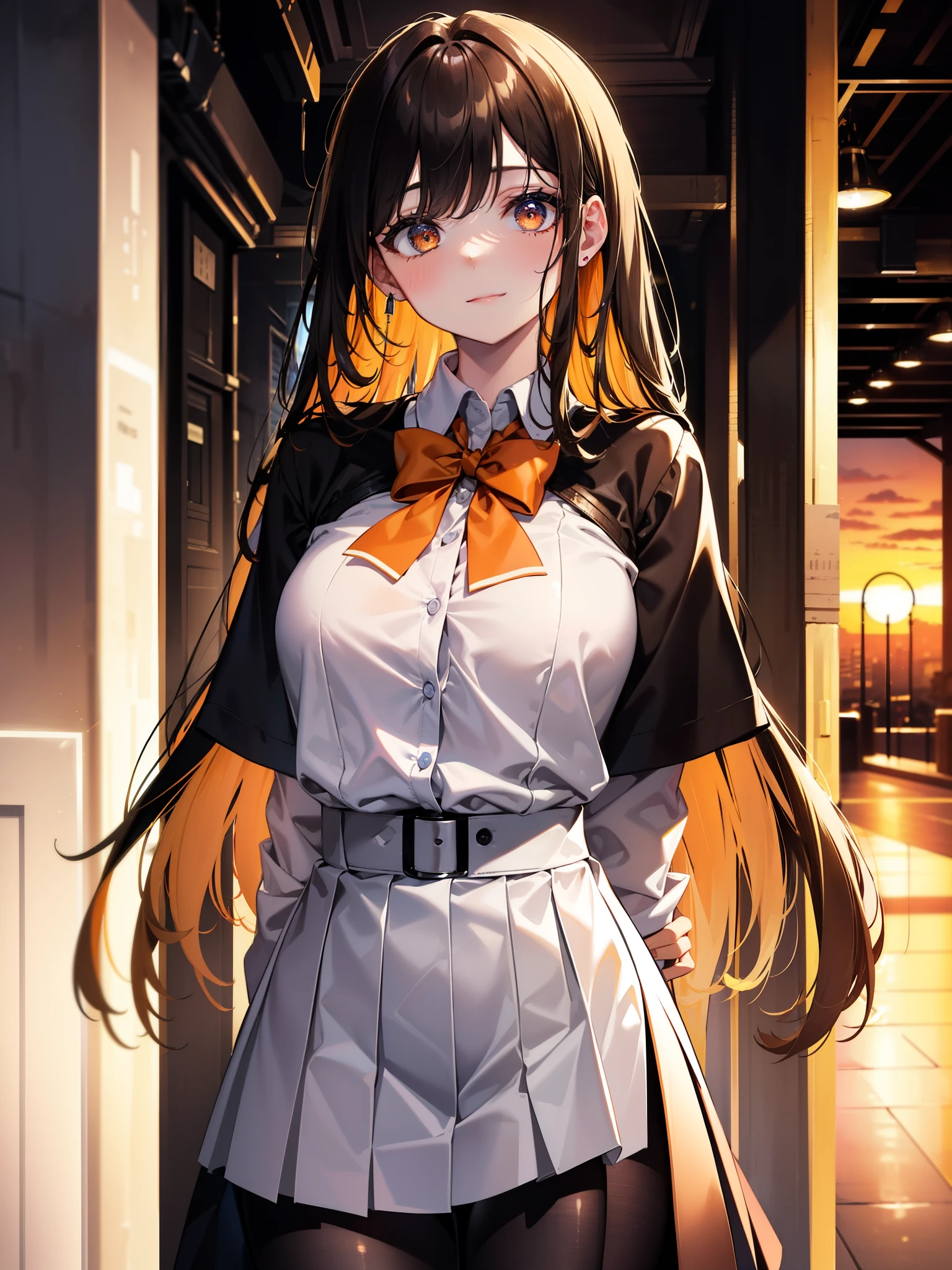 (Obra maestra, La mejor calidad, ultrahigh resolution), 1girl, school uniform, white office shirt, black pleated skirt, light brown hair, long hair cut, pale skin, (orange eyes), glowing_eyes, neon eyes, (ultra detailed eyes, beautiful and detailed face, detailed eyes), ((centered)), smile, ((wide shot)), facing viewer, eye level, (blurry background, sunset background), flat chested, looking at viewer, half closed eyes, (perfect hands), (head, arms, hips, elbows, in view), ((tall)), ((hands behind back))