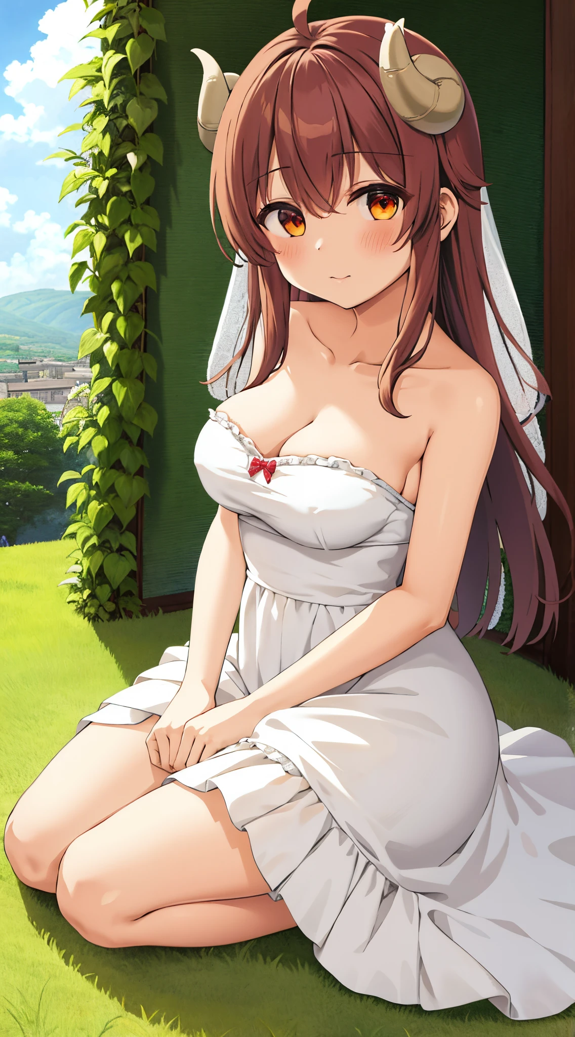 best quality, masterpiece, highly detailed, illustration, 1girl, solo, yoshida yuuko \(machikado mazoku\), horns, shamiko, (strapless wedding dress), garden, glossy lips, makeup