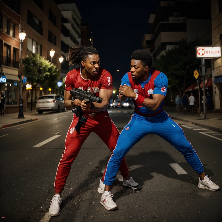 black people fighting with guns and they have on red and blue make it cartoony