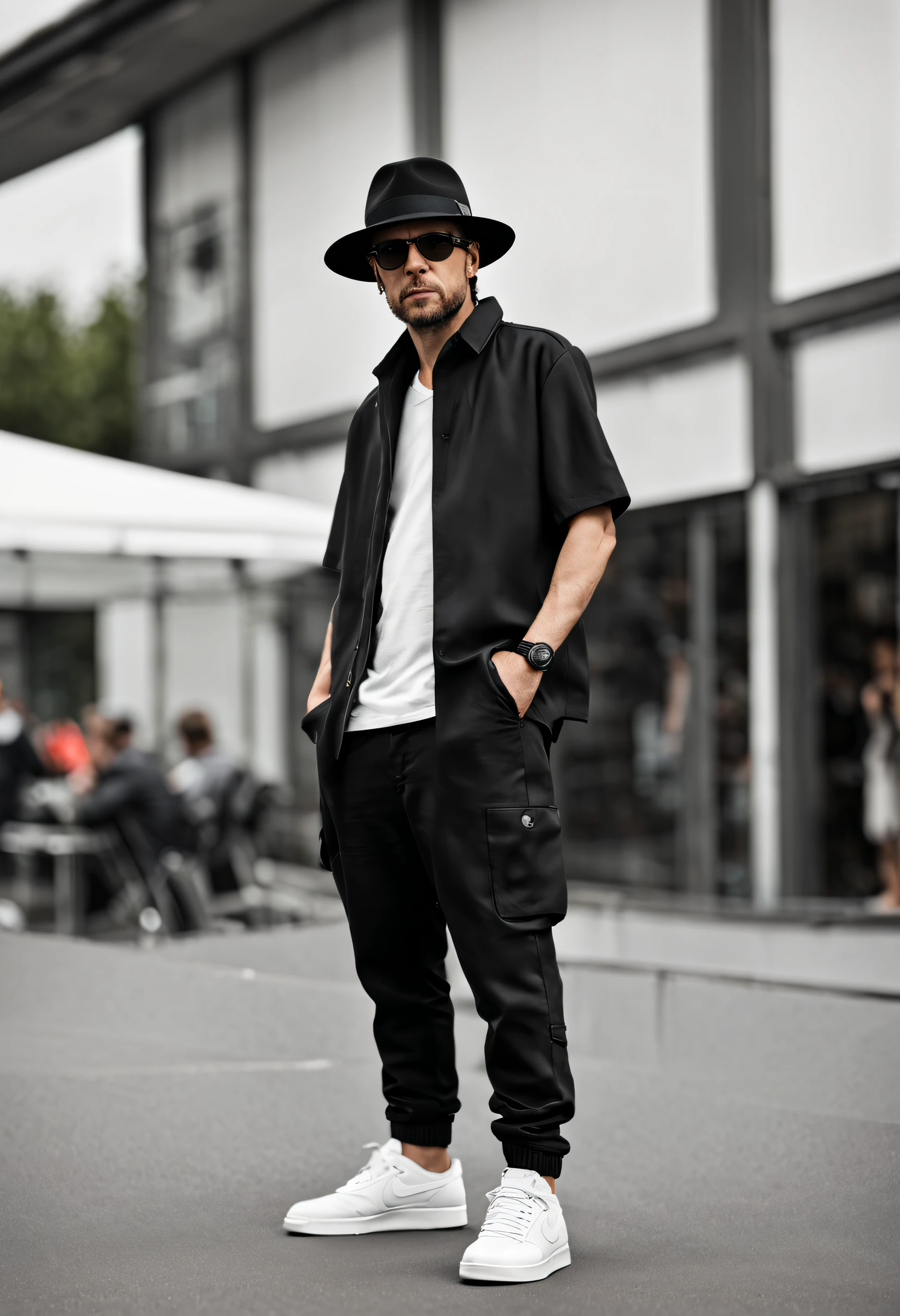 DJ Presse Foto, white man, 30 Jahre, wide brim fedora, cooler Typ, Hip Hop Kleidung, Nike Sneaker, kein Bart, braune Augen, European, Body and head straight in the photo, dem Betrachter des Fotos zugewandt, Augen, die an der Linse befestigt sind, , Mann zentriert auf dem Foto, 8K, best quality, Meisterwerk, realistisch, Realistisches Foto, Filmfoto, ultra realistisch, 1 Person, Detailliert, Perfekte Beleuchtung, DSRL, Professionelles Foto, 4K, Hintergrund Festival