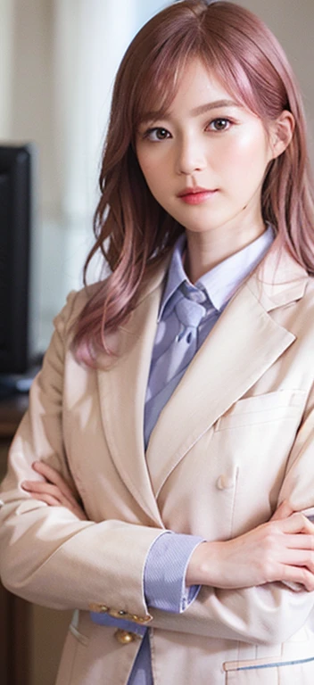 女の子1人、独奏、Parting lips、Officelady、Business suits、sky line、business office、With your arms crossed behind your head、looking at viewert、fair ,with pink hair, extramly beautiful eys