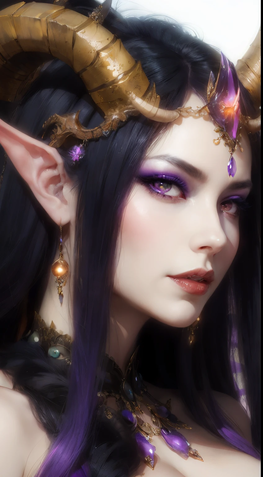 close-up of a woman with a horned headdress and purple eyes, beautiful elegant demon queen, Regal and formidable appearance, a beautiful fantasy empress, detailed fantasy digital art, epic fantasy art style hd, karol bak uhd, beautiful fantasy art portrait, Portrait of a Dark Fantasy Nymph, 4k fantasy art, beautiful fantasy portrait
