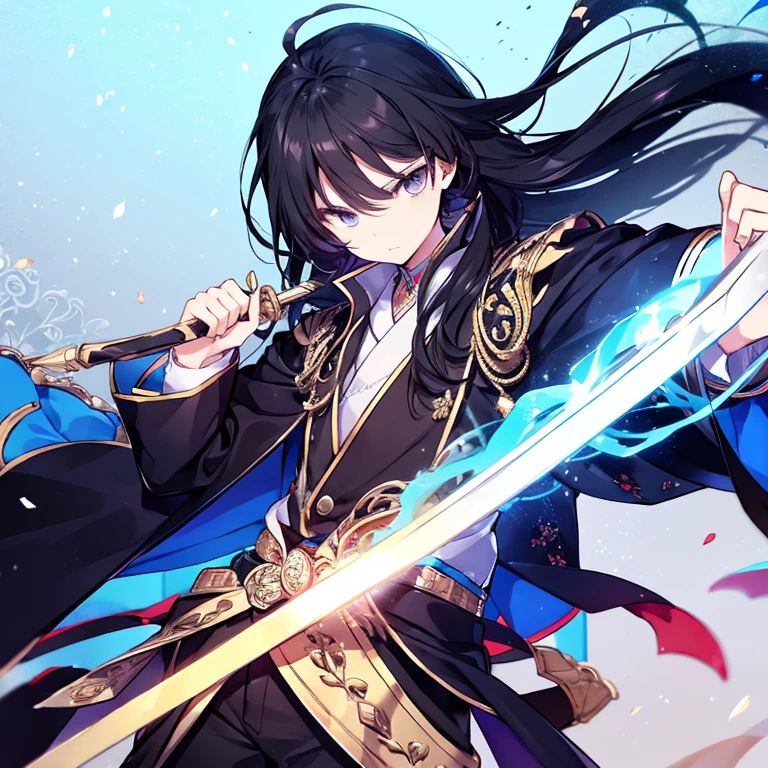 boy with long black hair, Blue left eye, Golden right eye, With a sword, Medium Tall, martial arts style clothes