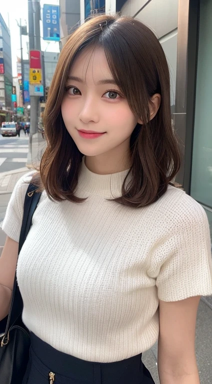 masutepiece, Best Quality, Illustration, Ultra-detailed, finely detail, hight resolution, 8K Wallpaper, Perfect dynamic composition, Beautiful detailed eyes, Women's Fashion Summer,Shorthair,Perfect milk,Natural Color Lip, Bold sexy poses,Smile,Shinjuku、17 years old girl、Cute、Sexy shot looking at camera、Nogizaka46 Idol