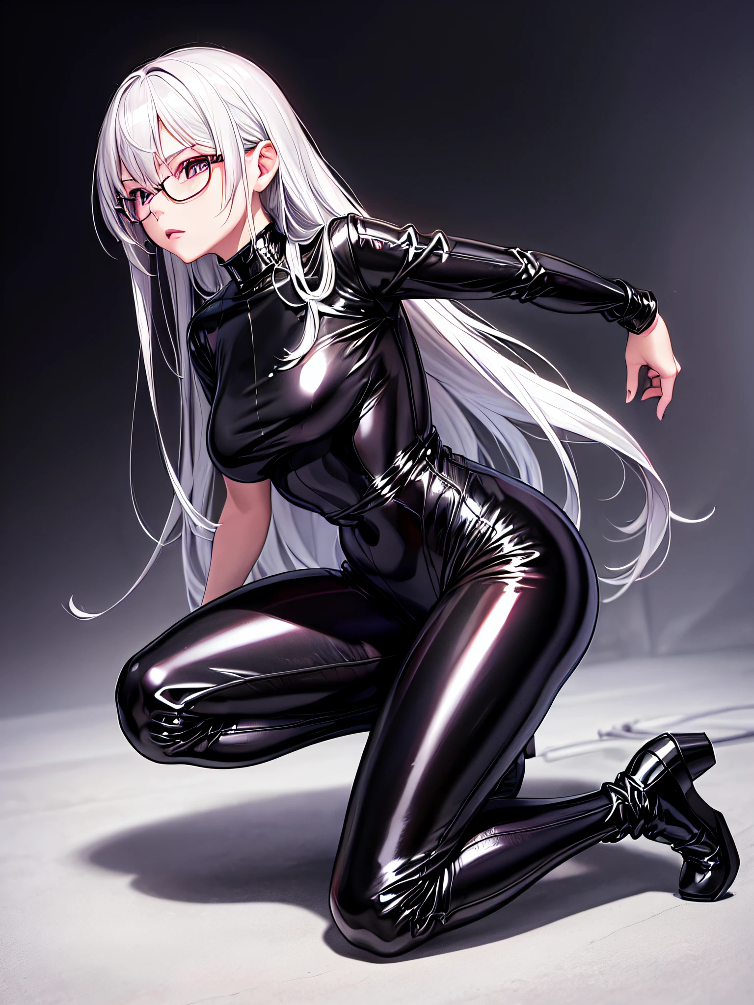 top-quality、8K UHD、A beautiful silver-haired woman with a small nose wearing glasses and a latex sweatsuit is kneeling.、Shiny latex sweatsuit with hidden skin、Angle from below、独奏、 there is a woman in a black dress posing for a picture, Wearing latex costumes, wearing black latex outfit, sexy dress, shiny black dress, black leather slim clothes