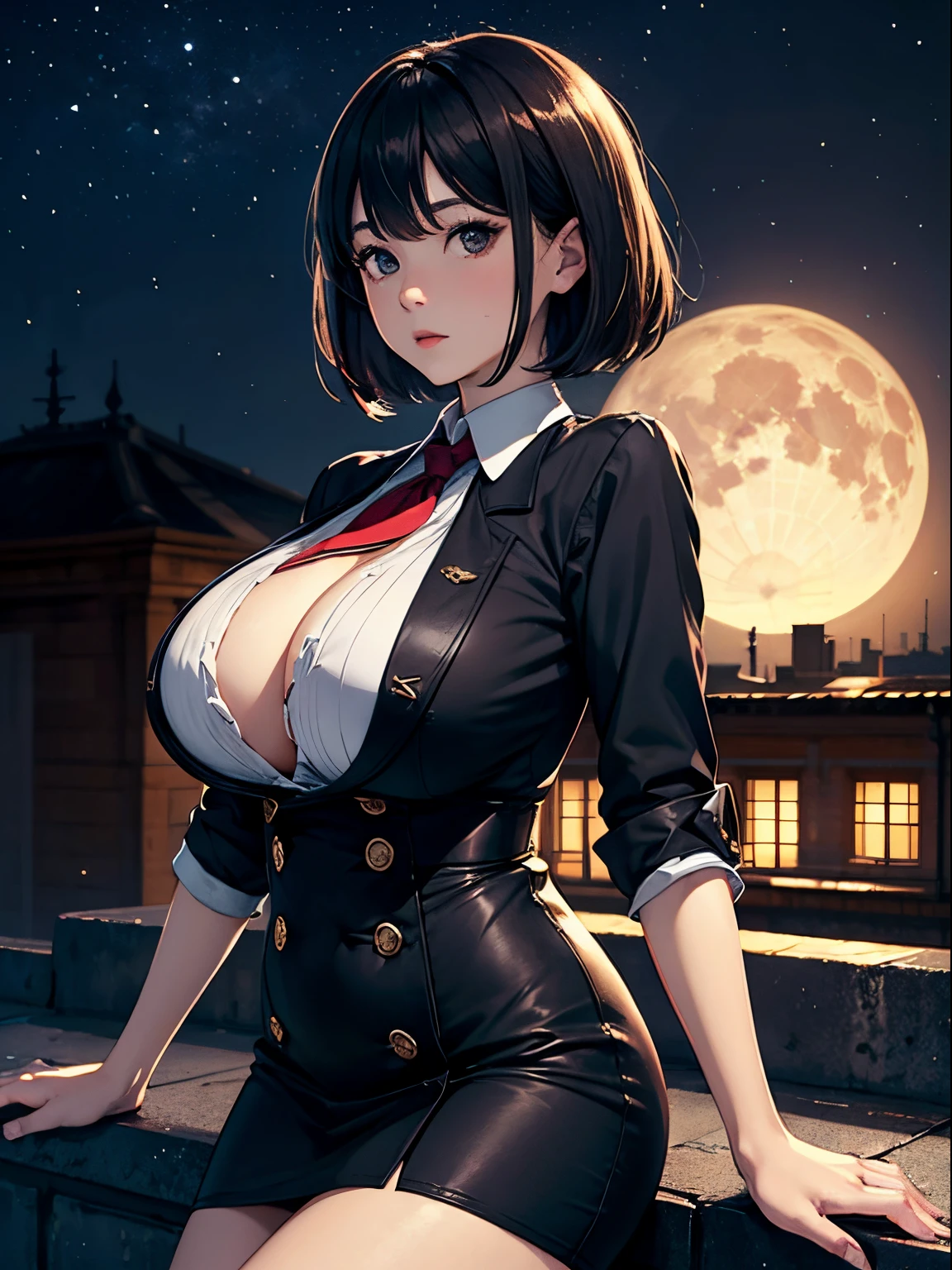 a 20 yo woman、(masterpiece:1.4)、(top-quality:1.4)、(Real Face:1.2)、(real looking skin:1.1)、超A high resolution、A hyper-realistic、high detailing、Brown eyes、Black hair short bob、耳环、Black collared shirt、skirt by the、(huge-breasted:1.5)、On the rooftop、natta、huge moon、nighttime scene