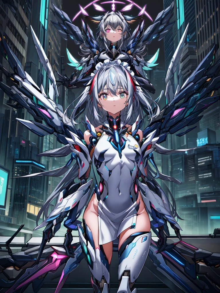 top-quality、ighly detailed、masterpiece、((1girl in))、silber hair、length hair、Floating hair、、Cyber City、Neon building、(The upper part of the body:1.05)、extremely_Detailed_Eyes_And_Face,cybernetic wings mechanical wings、Random posture、Skyscraper、、Mechumusume、shrine maiden clothe,maid clothes、Random angles、anime styled,cowboy shot