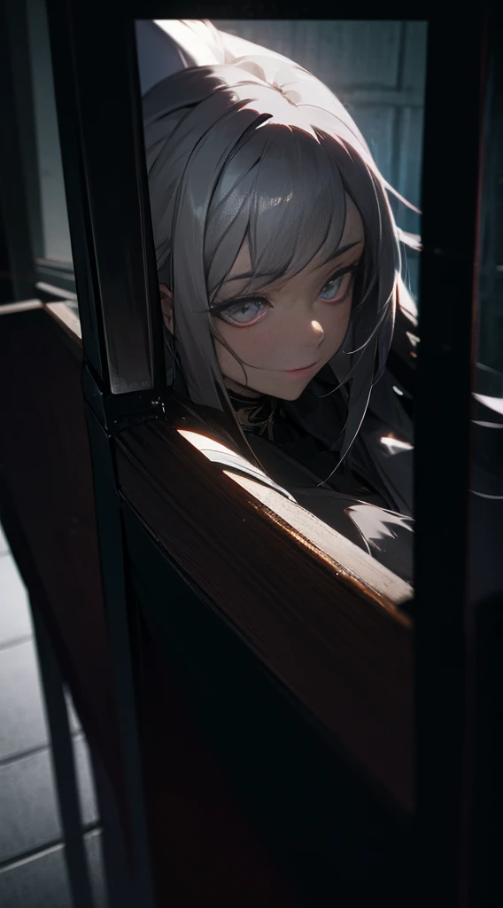 grey hair, asymmetrical hair, hair over shoulder, very long hair, Surrealism, depth of field, cinematic lighting, high detail, anime, anime style, first-person view, Eye-Level Shot, 8k, super detail, UHD, textured skin, 8k, best quality, anatomically correct, high details, high quality