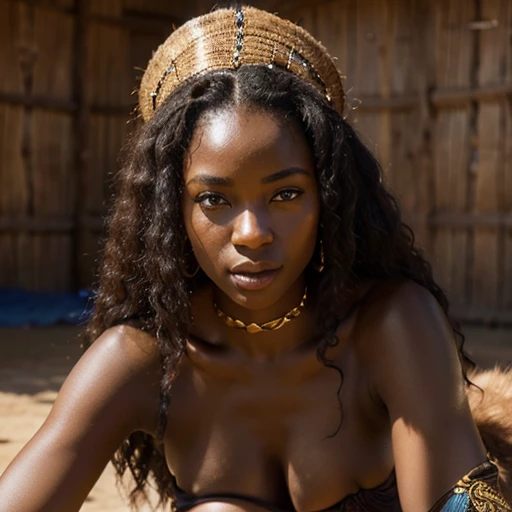 Sexy and elegant African woman, fair skin, generous curves, long blue eyes, frizzy, hairy in traditional African loincloth outfits, 4k,((8k))