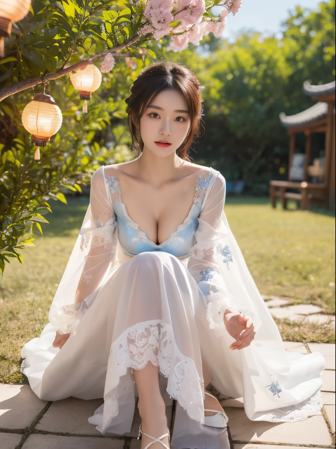 (award winning photography), (Sony FE Photos), (vibrant with colors), (Colorful), (offcial art), (8K分辨率), (super detailing), (Wallpapers), (Realisticstyle), (ctextured skin), (Anatomically correct), (winning artwork), (Best quality), (in summer), (closeup cleavage), (During the day), rays of sunshine, 1 feed asian girls, 19years old, Alone, Happy,beautiful  detailed face, Eyes are bright, Long eyelashes, Bow hair ornament, (upper legs), wading, Sit on a branch, lanterns, double tails, By bangquisite sheer tulle maxi skirt), embroidery, Tulle lace, Gauze sleeves, (Lolita stylish style), Clean the skin, Ross Drews, Samu rice paste, Full body lesbian, xianxia, fantasy art style, Ross Drews, Roth Painting Style 2.5, art jem style, Li Song, art jem style, Ross Painting Style 1.0, Very detailed ArtGerm style, [fluorescence] , vibrant nebula sky,