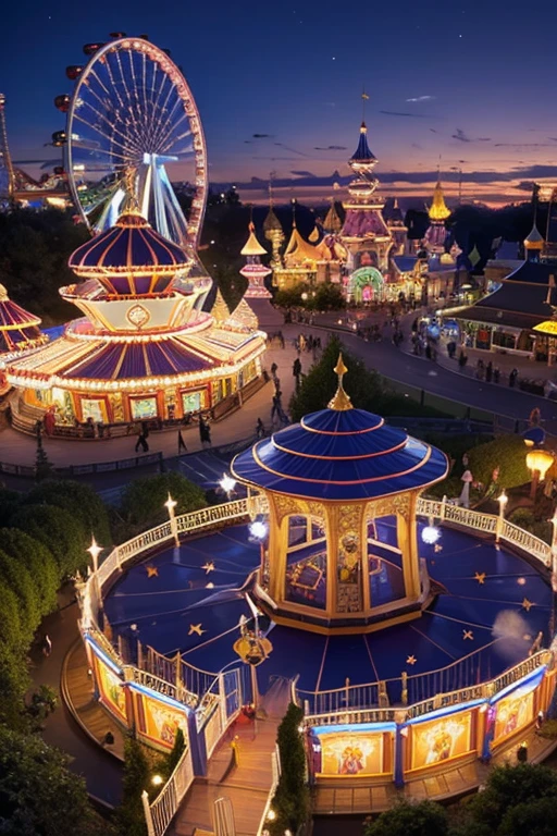 An amusement park，Starlight Fantasy Night，dream magical，Fairytale，shock