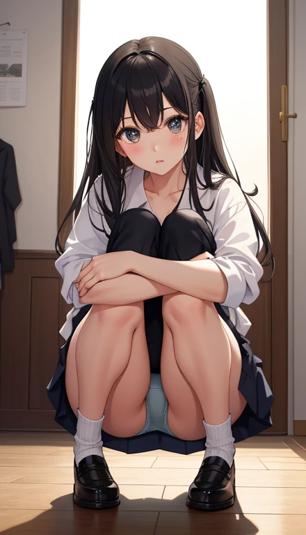 1girl in、As-、I take down my underwear and pee、Cute underwear、crouching down、Open legs