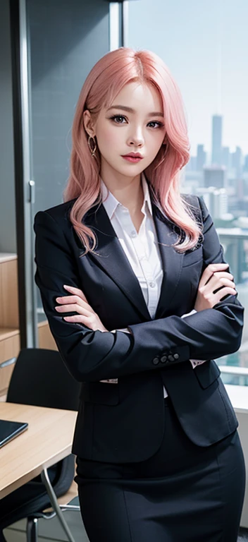 Parting lips、Officelady、Business suits、sky line、business office、With your arms crossed behind your head、looking at viewert、fair ,with pink hair, extramly beautiful eys