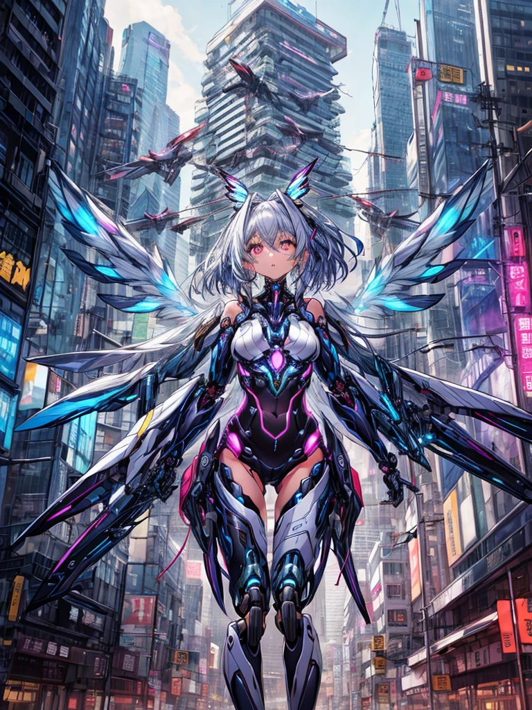 top-quality、ighly detailed、​masterpiece、ultra-detailliert、illustratio、((1girl in))、silber hair、length hair、Floating hair、、Cyber City、Neon building、(The upper part of the body:1.05)、extremely_Detailed_Eyes_And_Face,cybernetic wings mechanical wings、Random posture、Skyscraper、、Mechumusume、shrine maiden clothe,maid clothes、Random angles、anime styled,cowboy  shot