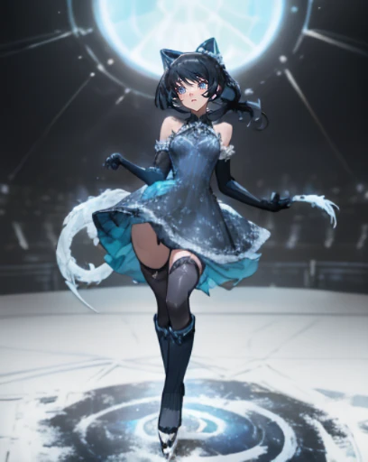 stage,icy,Blue Dress,1womanl,A dark-haired,poneyTail,Stockings,Figure skating,Black short boots