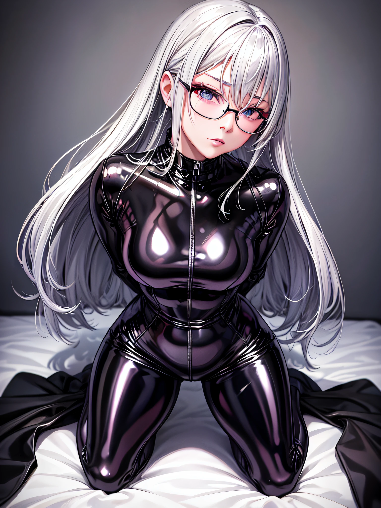 top-quality、8K UHD、A beautiful silver-haired woman with a small nose wearing glasses and a latex sweatsuit is kneeling.、Shiny latex sweatsuit with hidden skin、Angle from below、独奏、 there is a woman in a black dress posing for a picture, Wearing latex costumes, wearing black latex outfit, sexy dress, shiny black dress, black leather slim clothes