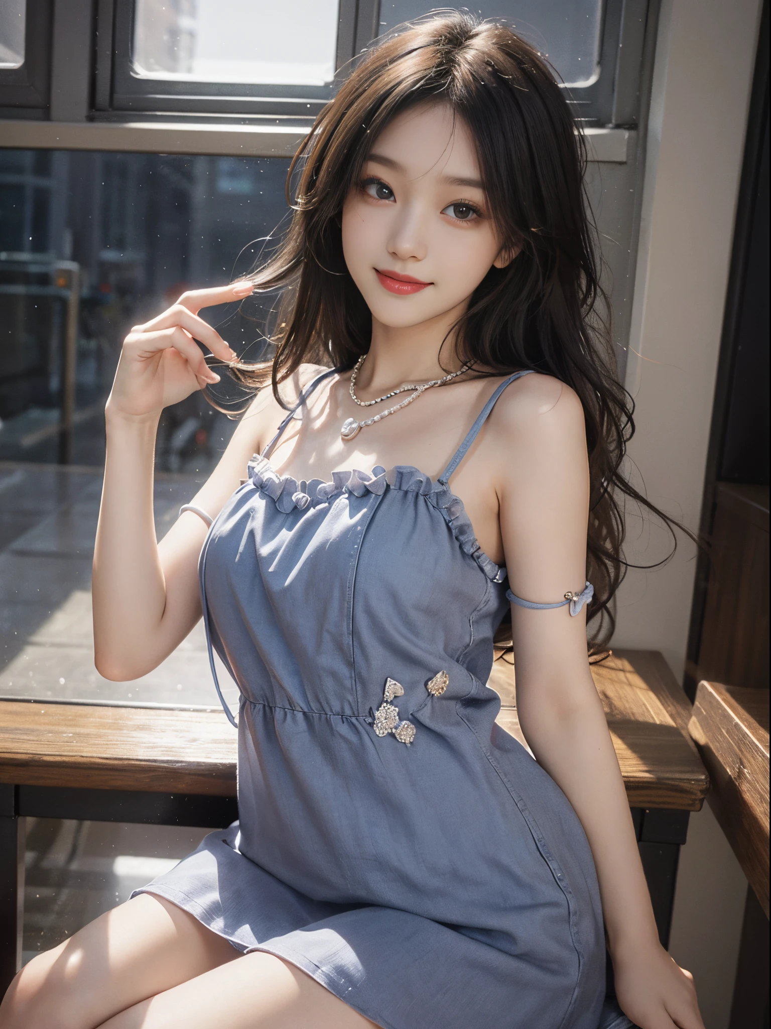 Sweet girl clothes2,pearl necklace,blue dress,flower, A beautyful girl, a young female model,  randome pose, posing elegantly, visually appealing, tmasterpiece, (Best quality at best, 4K, 8K, A high resolution, tmasterpiece:1.2), ultra - detailed, Ultra-fine painting, delicated face, long slim figure, Smiling, Hefty Smile, in class room, sitting on the classroom desk, Random shooting angle