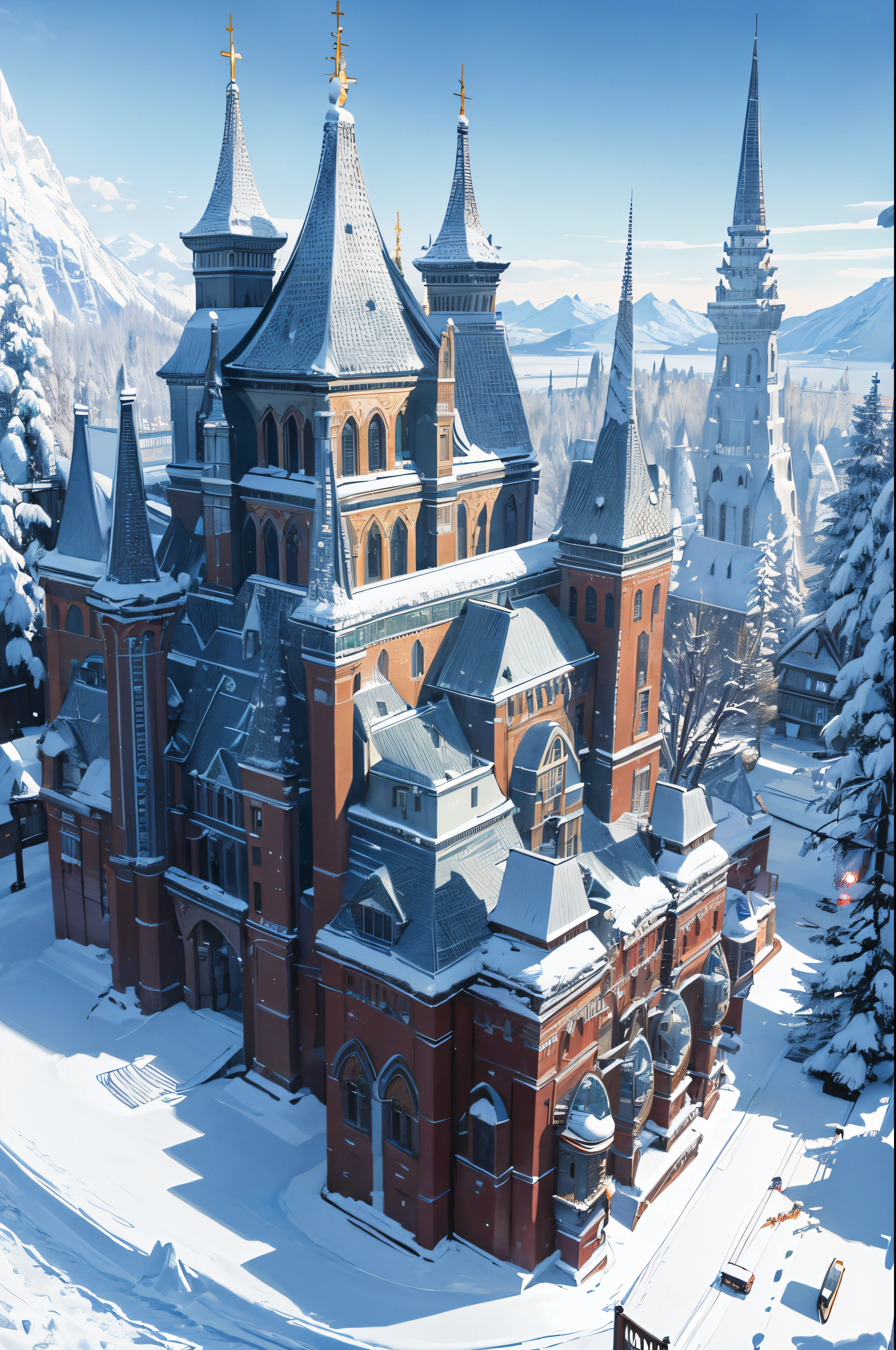 (tmasterpiece,quality,Best quality,offcial art,Beauty and aesthetics:1.2),The very detailed,(s fractal art:1.3),Extremely colorful,Most detailed,snow landscape,buildings,The tree