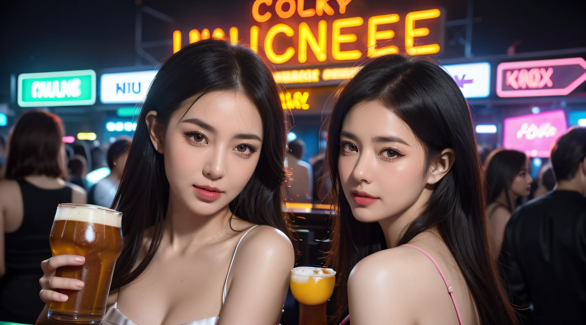 two womens are difference faces emotion and hairstyles and colour ( focus on beautiful faces) , Perfect Hand ,perfect fingers ,glowing skin , drinking cocktails, Beer , Dancing ,Happy poses, cheerful expressions, NightClub atmosphere, ( Have a font Logo "BOX" on background ), there are a lot of people behind having fun, neon lights ,half body view ,Cool and dark Filter, Realistic images, high details, 4k, camera view, wide lens,wide angle, high angle