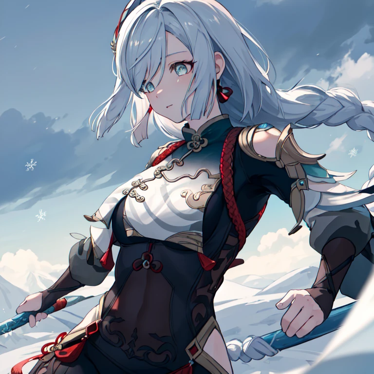 shenhedef, upper part of body, The look of it, The face red, Outdoor sports, snowflake landscape, looking at viewert, Cloudy, Moody light, (perfect detail eyes:1.2), glowing light eyes, (Long hair in braids:1.2), Elemental skill effects, (tmasterpiece, Best quality, high high quality:1.4), professionalartwork, Complicated details, Field of View, Focus sharp, Detailed diagram, Photorealistic lighting, Popular topics on pixiv, (Vivid lighting, vibrant with colors:1.05), realistic shaded, Environmental occlusion, (athletic body build:1.3), Mature woman, 30 age old,Eyes full of love,looking at you
