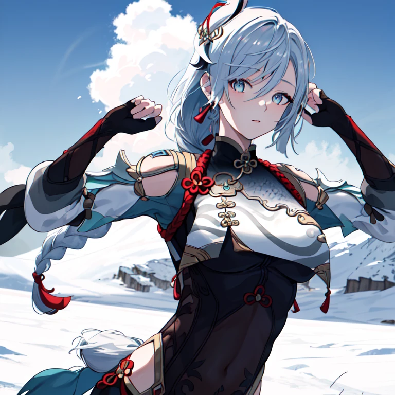 shenhedef, upper part of body, The look of it, The face red, Outdoor sports, snowflake landscape, looking at viewert, Cloudy, Moody light, (perfect detail eyes:1.2), glowing light eyes, (Long hair in braids:1.2), Elemental skill effects, (tmasterpiece, Best quality, high high quality:1.4), professionalartwork, Complicated details, Field of View, Focus sharp, Detailed diagram, Photorealistic lighting, Popular topics on pixiv, (Vivid lighting, vibrant with colors:1.05), realistic shaded, Environmental occlusion, (athletic body build:1.3), Mature woman, 30 age old,Eyes full of love,looking at you