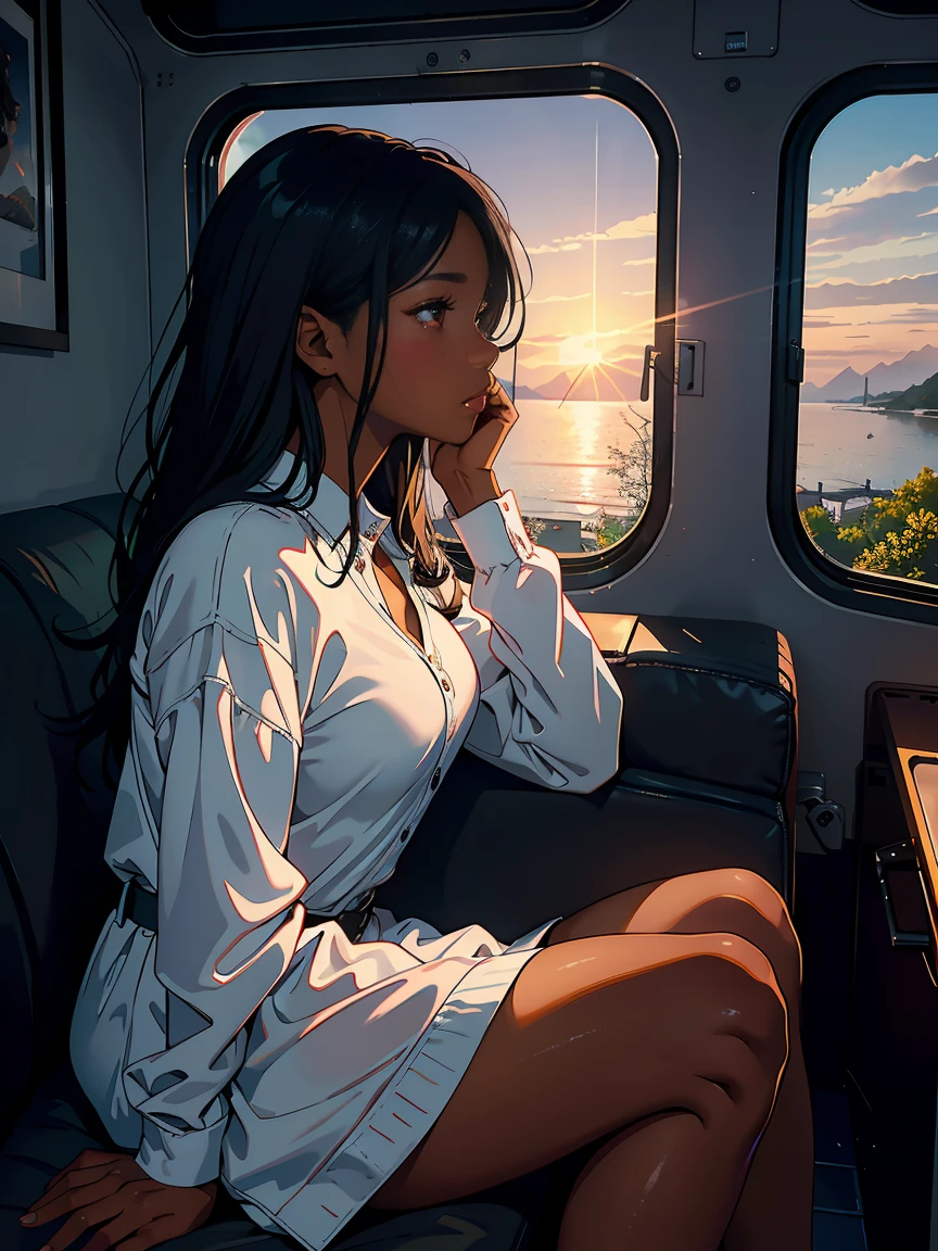 sunset, depth of fields、high resolution details, ultra-detailed、filming、surrealism、Soft volumetric light、(1 pretty black girl with dark skin and realistic brown eyes, full lips ebony nose) 、Ray tracing、diffused (glass reflection)、casual outfit, surrealism,(sitting on a sofa looking sideways out window:1.1)、Sun in the west coming through the glass of the window、House scenery, profile, serious expression, grieving