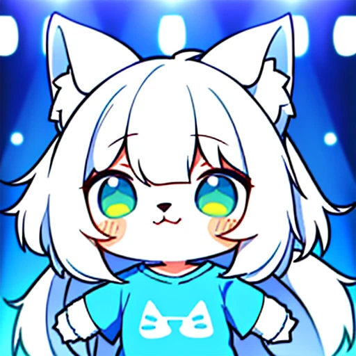 1girl in,Cat's ears,(Chibi:1.2),Furry, White fur, hyper cute face, fur blue elements, bright t-shirt, Beautiful lights and shadows, ambient lights, ultra-detailed hair, Volumetric Lights