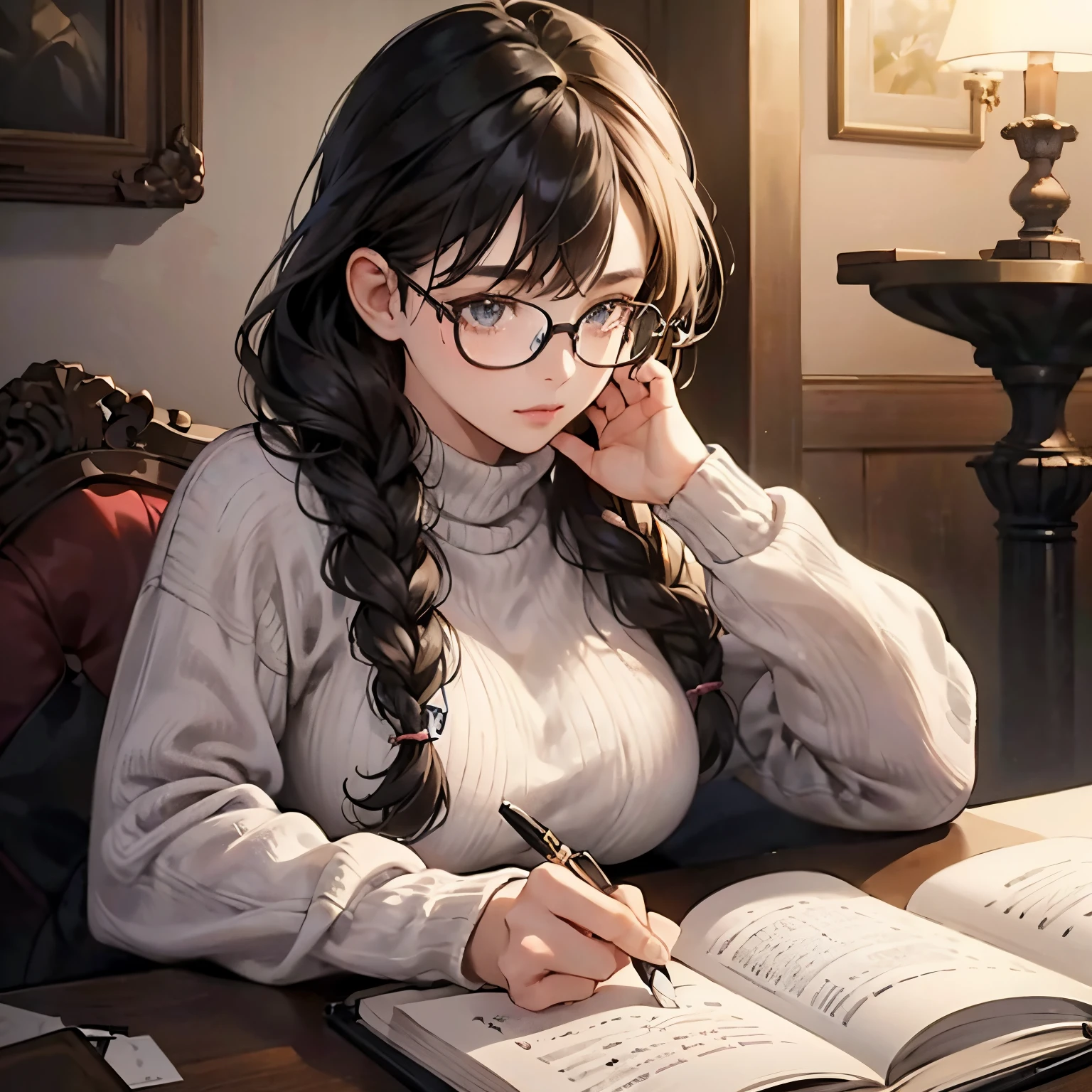 1 girl,A cute girl wearing glasses holding a fountain pen in her right hand and taking notes.,Very cute,single braid with bangs,A dark-haired,Glasses,Colossal tits,erectile nipple,tre anatomically correct,Grip a fountain pen with precise fingers,Knitted sweaters,photorealisim,masterpiece,