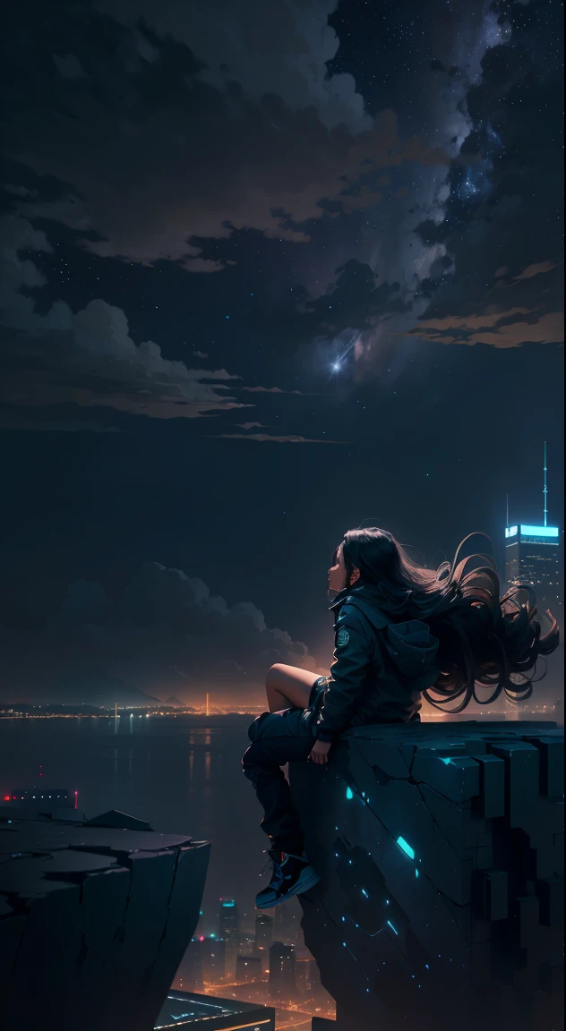 octane, sky, star (sky), scenery, starry sky, night, 1 black girl, night sky, solo, outdoors, building, cloud, milky way, sitting on a ledge, jarred candles, long hair, city, silhouette angle, wearing a jacket and jean shorts, cityscape view from above, beautiful
